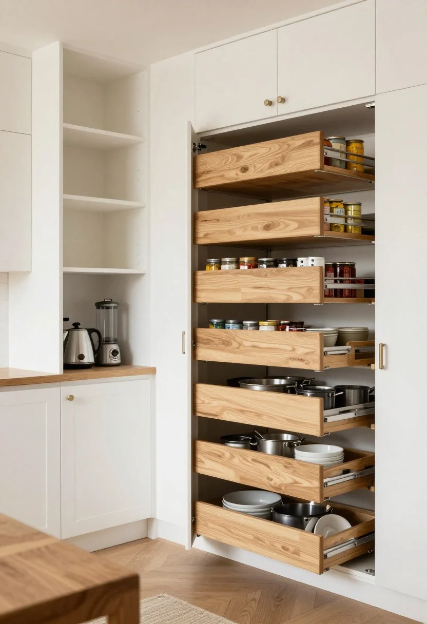 A medium corner angle showcasing hard-working hidden storage: full-height cabinets, a pull-out pantry extended with neatly labeled shelves for cans and spices, deep drawers open with peg dividers securing pots, pans, and mixing bowls, vertical tray dividers organizing sheet pans and cutting boards; an appliance garage with a lift-up door concealing toaster, kettle, and blender; finishes in warm whites and natural wood; soft ambient daylight, photorealistic.