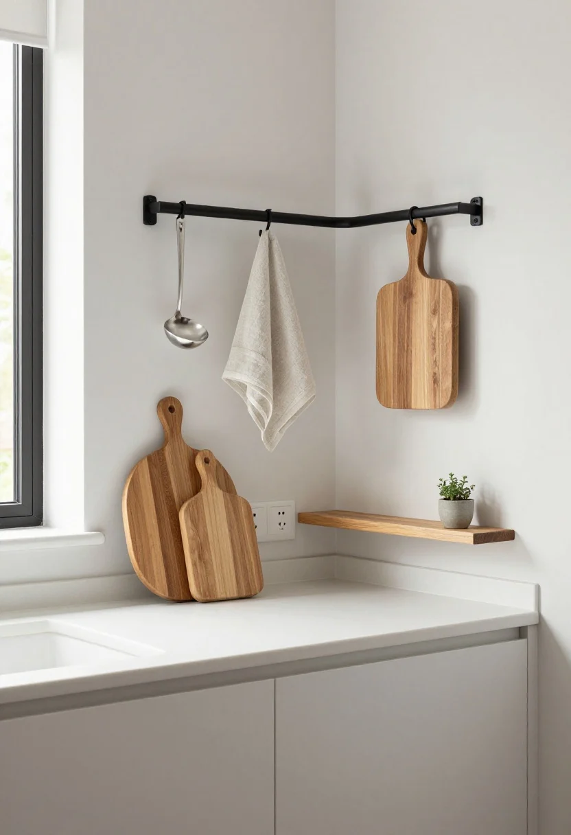 A medium corner view embracing vertical space: clear white counter with minimal objects below, while above a slim black metal rail holds a linen hand towel and a single stainless ladle on S-hooks. Two cutting boards (one round oak, one square maple) lean in harmony against the backsplash. A narrow floating oak ledge supports a tiny round herb pot. Lines kept simple, outlets and window light unobstructed; balanced composition following rule of thirds.