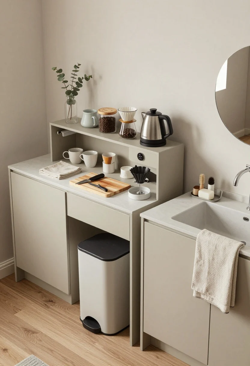 A medium overhead/angled shot of functional zones: a compact coffee station with mugs, beans in lidded bins, filters, and an electric kettle all in one upper and lower cabinet; adjacent prep hub featuring cutting boards, knives on a magnetic strip, towels, and accessible trash; clean zone by the sink with a minimalist caddy holding brush and soap, and a tucked compost bin; small human touches like a single stem of eucalyptus and a folded linen towel matching the neutral palette; soft daylight, photorealistic.