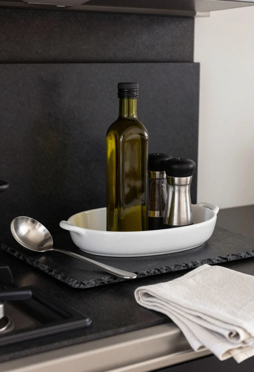 A medium shot of a functional vignette by the stove: a heatproof black stone slab under a glazed ceramic tray containing a handsome olive oil bottle, matching salt and pepper grinders, and a stainless ladle. A glossy white ceramic spoon rest sits to the side, and a neatly folded linen lies at the front edge. Materials are heat-friendly (stone, metal, glazed ceramic) with wipeable surfaces; warm task lighting from the range hood for a clean, practical look.