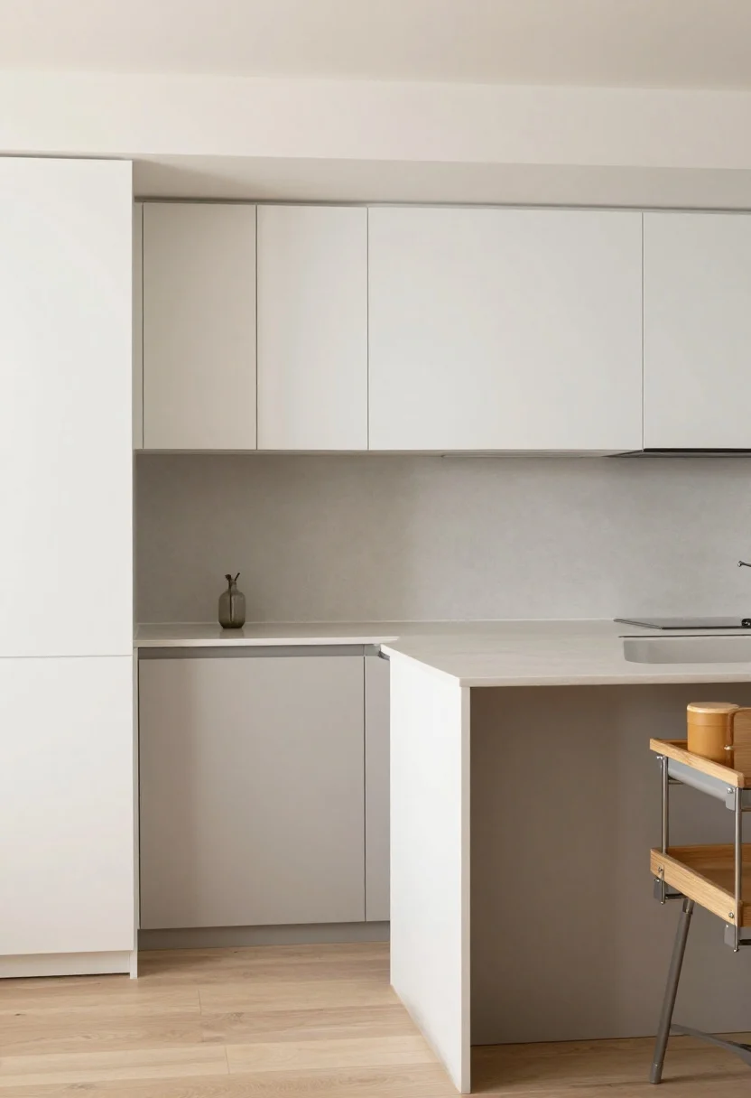 A medium shot styled for a small kitchen per the FAQ: aggressively decluttered counters, a tight neutral palette of warm white cabinets and soft gray backsplash, discreet under-cabinet lighting illuminating a clear prep area, and a couple of pull-out organizers slightly open to show improved storage; one simple countertop vignette only; warm, even lighting, photorealistic.