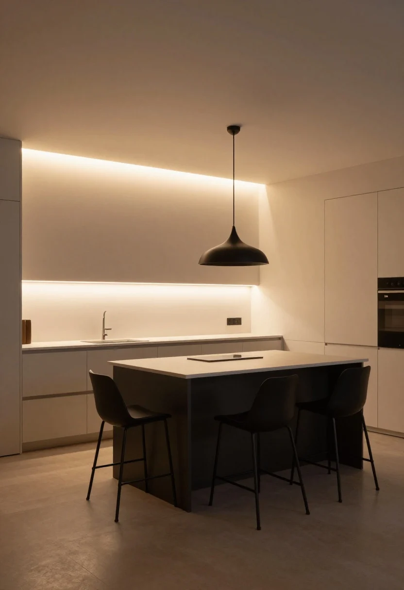 A medium straight-on shot emphasizing layered lighting: ceiling ambient with a low-profile flush mount, under-cabinet LED strips casting warm 2700–3000K task light onto the counters, and one sculptural matte black pendant over a compact island; dimmer switches visible on the wall; fixtures streamlined in a consistent finish, hardware kept quiet; soft evening mood with warm glow, photorealistic.