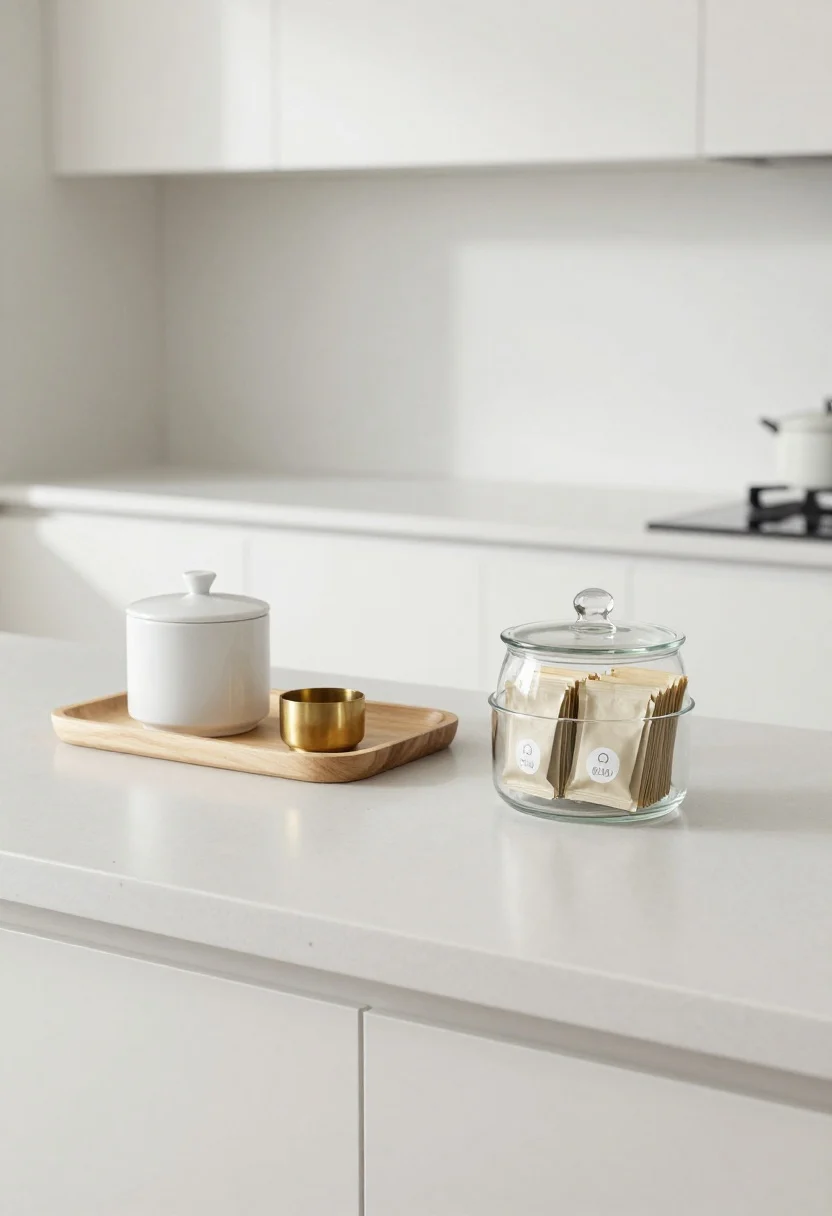 A medium, straight-on shot of a minimalist kitchen counter after a ruthless edit: long run of white quartz with only 4 items grouped into two small “stations.” On the left, a matte oak tray holding a lidded white ceramic jar and a small brass catchall; on the right, a clear glass lidded jar as a catchall with neatly contained tea packets. Negative space dominates, weekly-use appliances are hidden. Soft natural daylight, calm and intentional mood, clean lines, no clutter.