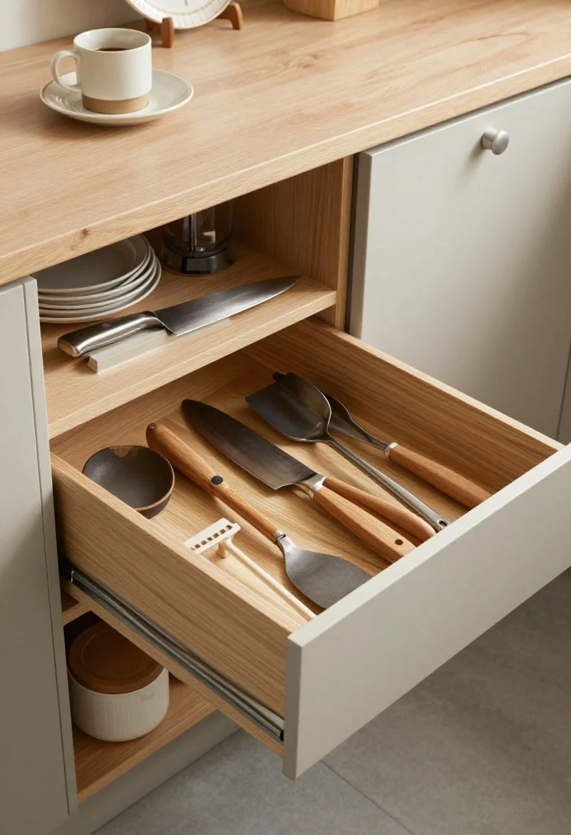 A medium, straight-on shot of an edited minimalist kitchen drawer pulled open, showing curated daily-use tools: one high-quality chef’s knife on a magnetic knife strip above, a single spatula, tongs, and a peeler neatly arranged in wooden drawer organizers; lidded bins in a lower cabinet for occasional items; shelf risers in an upper cabinet with a single coffee mug at eye level, sheet pans and blender stored lower, holiday platter up high; warm neutral palette with soft gray cabinets and natural wood accents; soft daylight, no people, photorealistic.