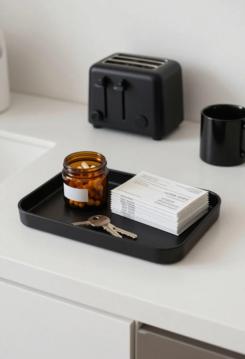 A top-down detail shot illustrating FAQ principles: a single small tray as a landing pad containing keys, vitamins in a uniform unlabeled amber jar, and a slim mail bundle; next to it, a minimal black toaster integrated by matching nearby accessories (black utensil handle, black-rim mug) while the rest of the counter stays clear. Count limited to 3–5 visible items per run, grouped into one vignette; crisp morning light.
