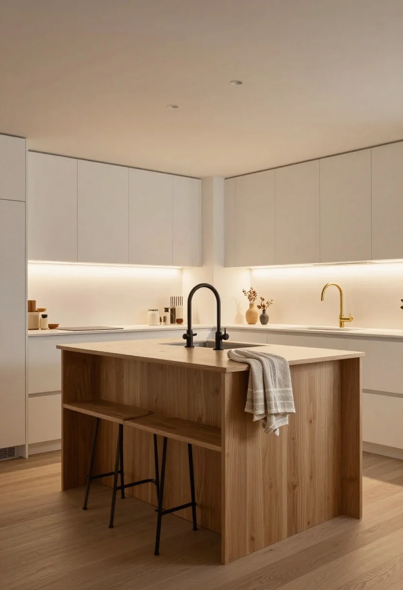 A warm, cozy wide shot answering the FAQs on feel and finishes: minimalist kitchen with warm white walls, wood tones on a Shaker island, layered lighting at 2700–3000K, matte black hardware repeated across pulls, faucet, and lighting for consistency; soft textures added via a neutral striped runner and linen towels; overall calm, unified look with subtle brass accents; evening glow, photorealistic.