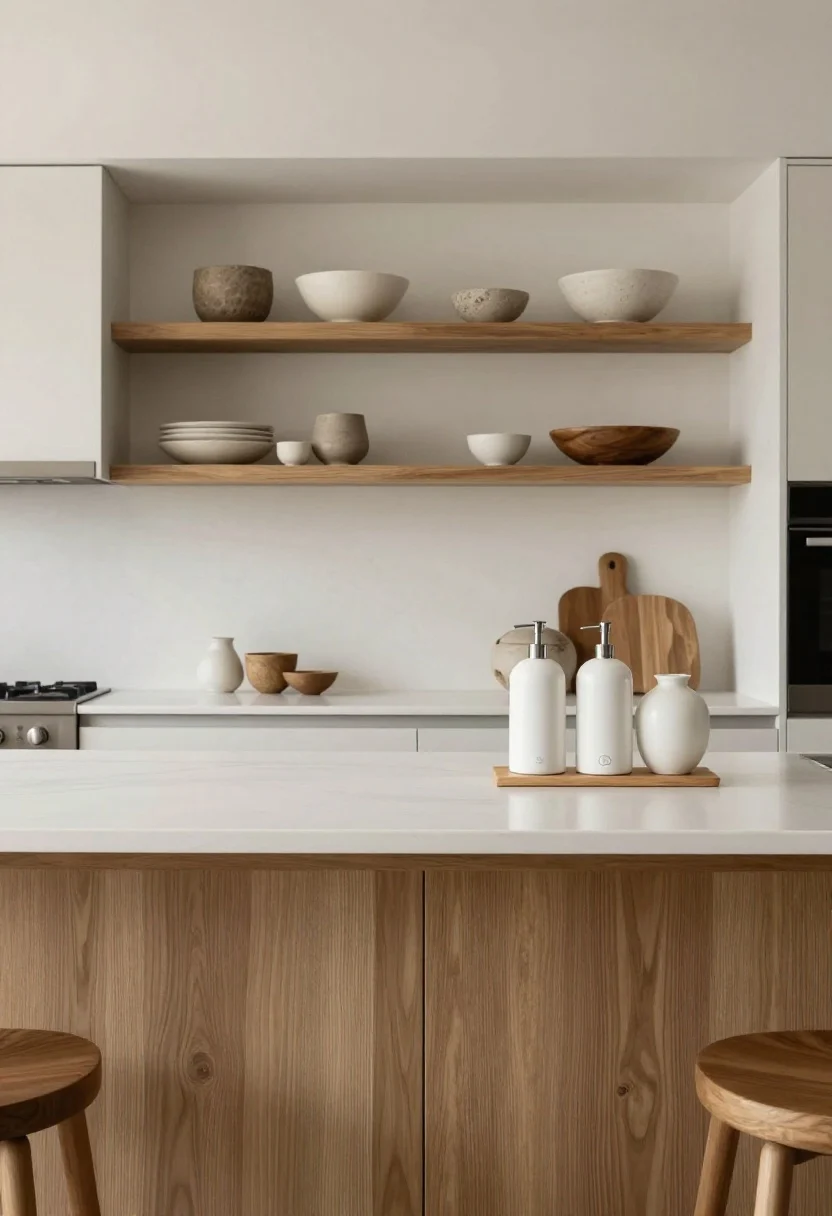 A wide, magazine-clean kitchen scene for the Conclusion: long white counters with generous negative space, two tidy vignettes only—one curated essentials station with upgraded matching dispensers, and one textural grouping with wood, stone, and matte ceramic. Hidden appliances, tight neutral palette, subtle texture contrast, and lots of calm white space. Soft, even daylight emphasizes the curated, intentional feel.