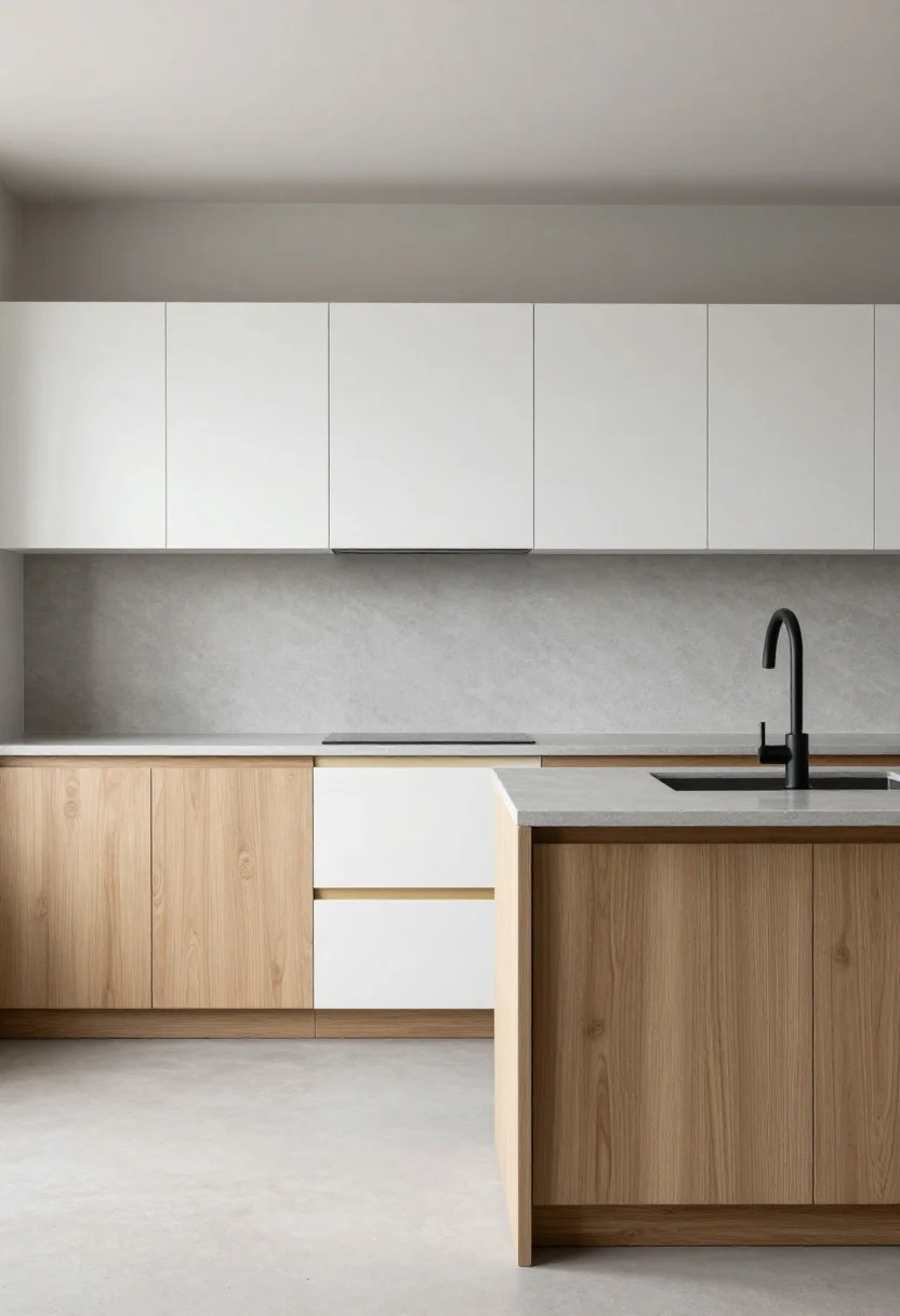 A wide room shot of a minimalist kitchen with a tight color story: warm white flat-front cabinets, soft gray honed stone counters, muted greige walls, and natural oak accents; a single statement matte black faucet contrasts subtly with a whisper-quiet palette; texture-driven interest with fluted wood on the island and a honed stone backsplash; cabinet hardware all in one consistent brushed brass finish; even daylight, clean lines, photorealistic.