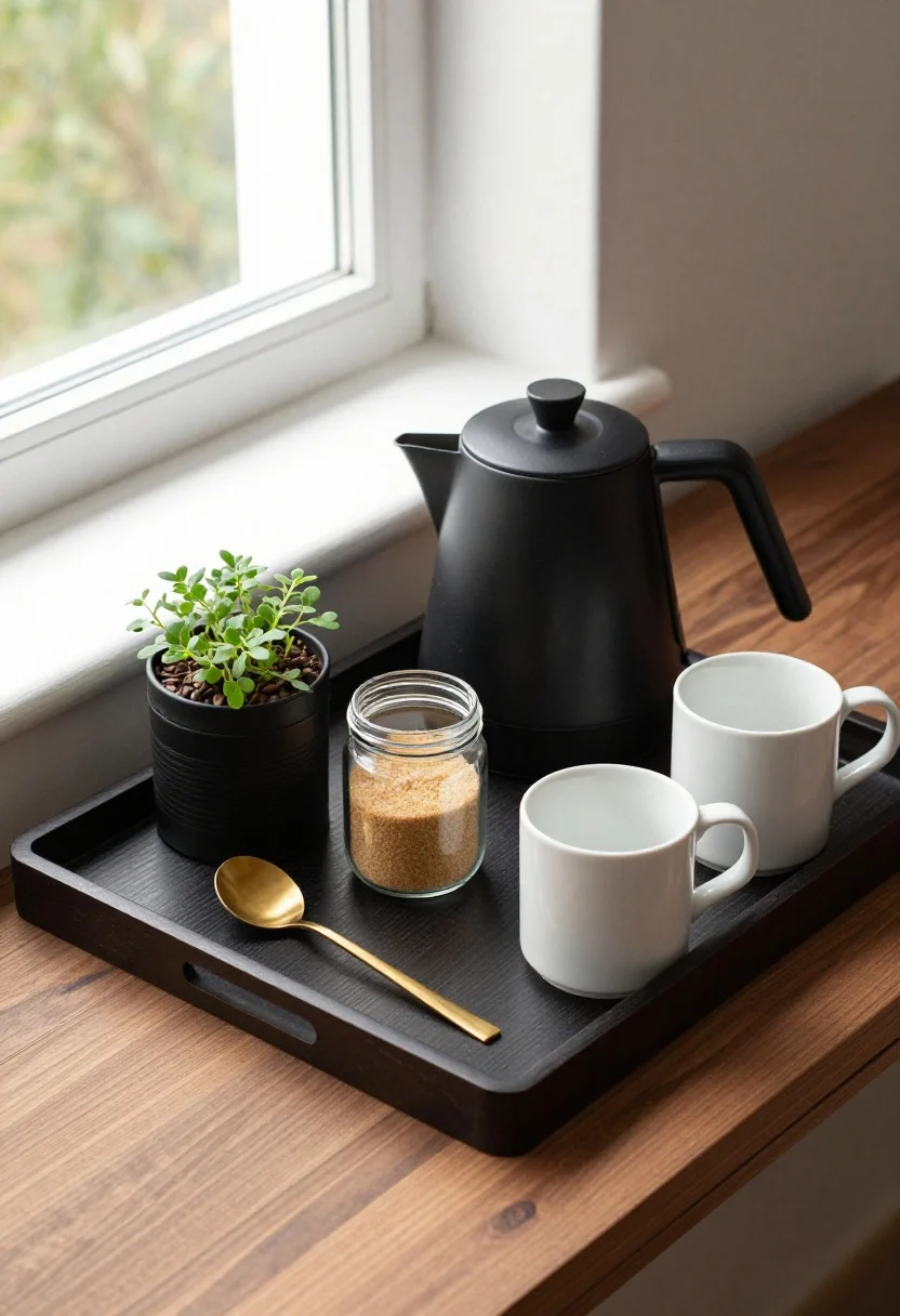 An overhead detail shot of a chic coffee moment on a single dark walnut tray: matte black electric kettle, matte black airtight canister for beans, a short clear glass jar with sugar, a slim black ceramic spoon rest with a brass spoon, and two stackable white ceramic mugs. A tiny potted herb adds a touch of green. Cohesive materials: matte black + glass + warm wood. Everything fits within the tray footprint; bright morning window light.