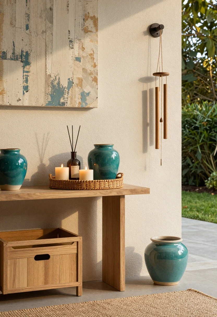 Closeup vignette of polished finishing touches: weatherproof outdoor wall art above a console, a rattan tray holding citronella candles in stylish vessels, a ceramic planter, and a jute-look outdoor rug below; a low-tone wind chime hangs nearby; colors repeated thoughtfully (e.g., teal echoed in art, planter glaze, and candle vessel); a deck storage box partially visible for textile storage; golden-hour side light enhancing textures; no people, photorealistic.
