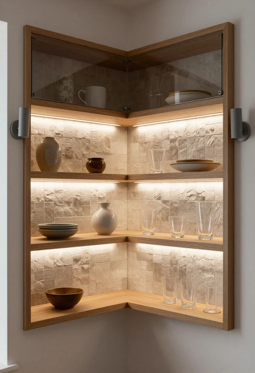 Corner-angle medium shot: A styled wall with open wood shelves, matte-finish sconces flanking a window, and a textured tile backsplash. Mini puck lights tucked beneath each shelf highlight ceramics and clear glassware; slim linear grazers beneath upper cabinets softly wash the tile, emphasizing its relief. Glass-front upper cabinets glow from within with subtle interior LEDs. Accent lights sit on a separate circuit, set to a moody, low-glare level for quiet drama.