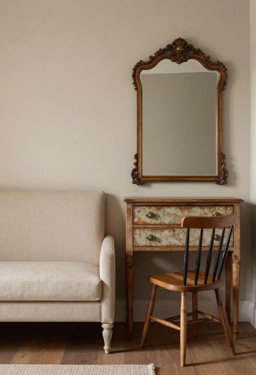Corner-angle medium shot of a balanced mix of old and new: a simple upholstered headboard against warm greige walls, a vintage hero piece—a patinaed wooden dresser with antique-look brass hardware—topped with a carved vintage-style mirror; a spindle or ladder-back chair sits nearby; woods matched by warm tone, not species; metal accents in blackened iron or antique brass, edited and uncluttered composition; gentle afternoon light, photorealistic, no people