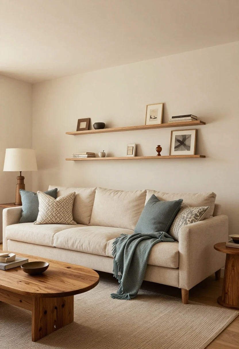Cozy conclusion wide shot: A harmonious cottage living room that synthesizes the story—soft, buttery-cream walls, oat sofa, layered sage and dusty blue textiles, curved furniture with vintage wood pieces, gentle patterned pillows, layered warm lighting, styled shelves with negative space, and personal finds throughout; imperfections and patina embraced; early evening glow with lamps on, photorealistic, no people.
