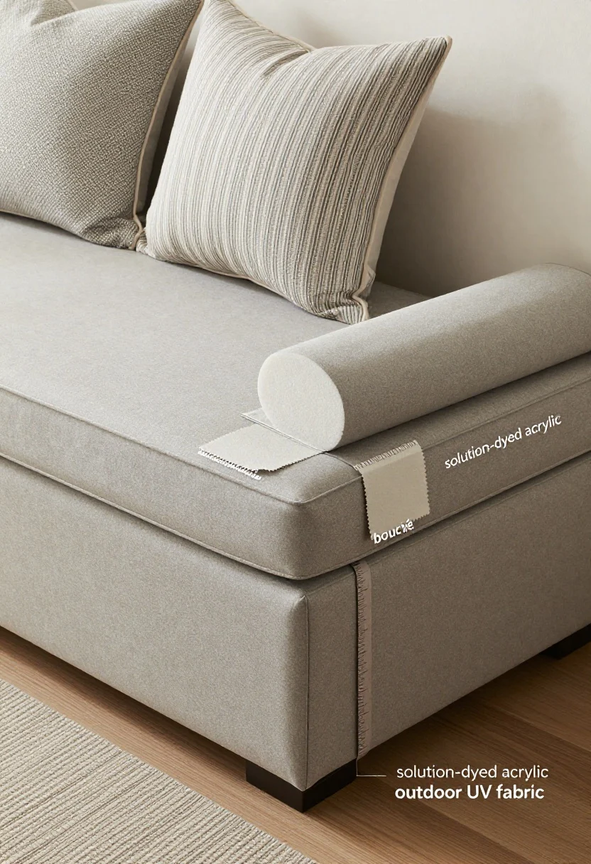 Detail closeup: A full-span bench cushion with 3–5 inches of high-density foam wrapped in soft batting, shown with its crisp tailored edges—no gaps. Fabric is a performance Crypton in a solid warm gray; layered with a narrow lumbar pillow in a subtle stripe protecting against window mullions, plus patterned throw pillows (small-scale geometric) for contrast. Include fabric swatches labeled “solution-dyed acrylic,” “bouclé,” and “outdoor UV fabric” on the bench corner, and a measuring ruler indicating foam thickness. Soft, even daylight, photorealistic texture emphasis.