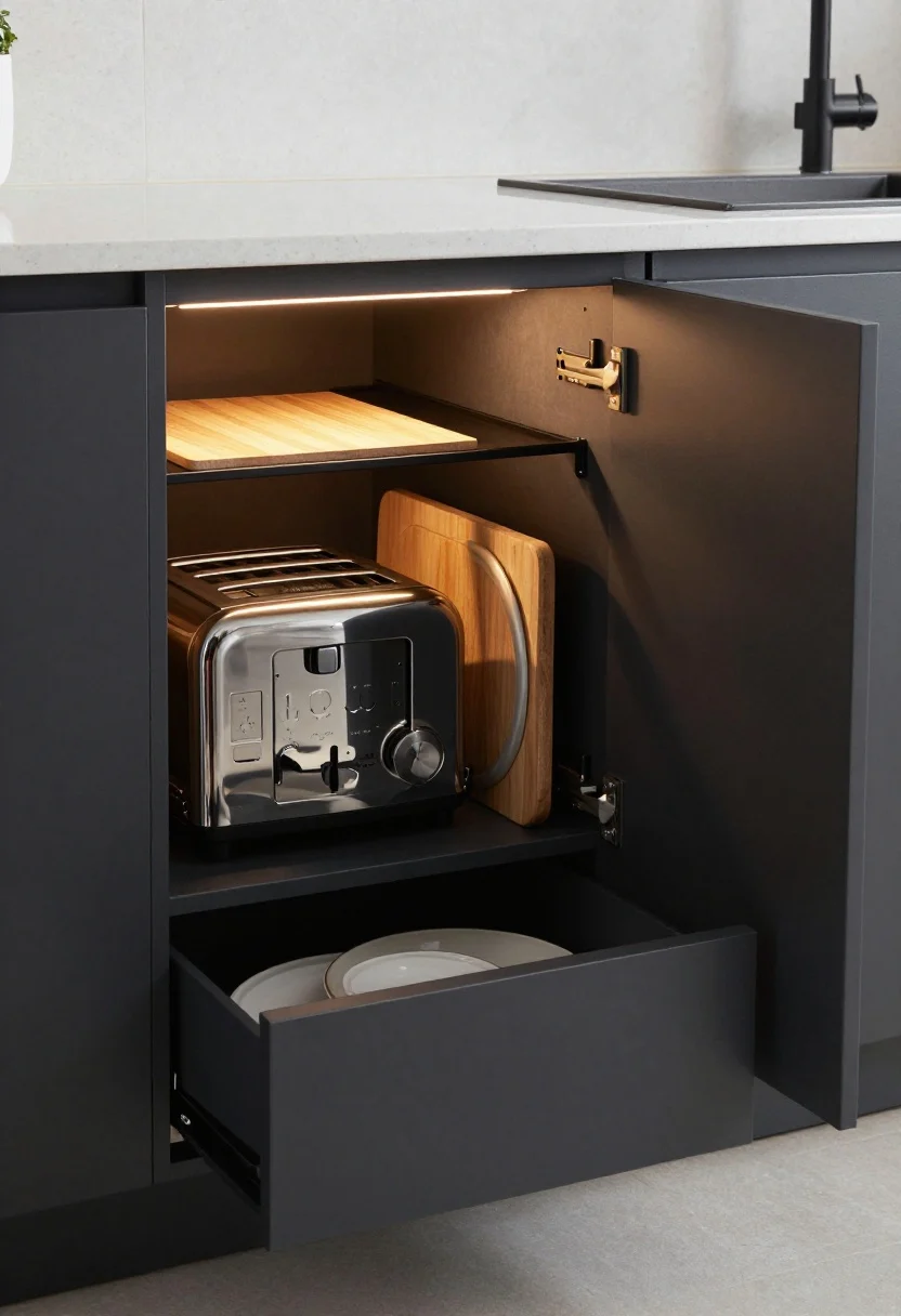 Detail closeup: A modern kitchen cabinet run showcasing secret storage—an appliance garage with a tambour door lifted to reveal a toaster and blender with interior outlets; adjacent vertical tray dividers storing cutting boards and lids upright; a toe-kick drawer slightly open to show platters; hardware in consistent matte black, under-cabinet lighting casting a clean, warm light on a subtle quartz backsplash; overhead/angled closeup, crisp and functional, photorealistic.