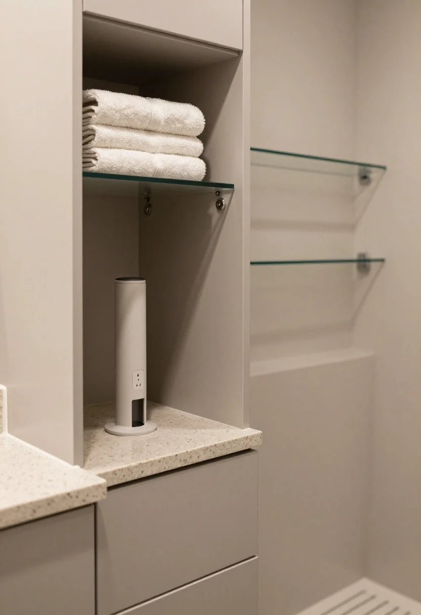 Detail closeup: A spa-like bathroom storage vignette featuring a recessed medicine cabinet flush with the wall above a stone/quartz countertop, a tall linen tower using vertical space with neatly folded towels, and a slim pull-out for hair tools with an integrated outlet inside a drawer; in the background, a shower niche lined at the bottom with a single stone slab (no grout lines) and glass shelves stacked vertically; materials include moisture-resistant cabinetry (marine ply/MDF), semi-gloss paint sheen visible; soft, diffused bathroom lighting; straight-on close detail, photorealistic.