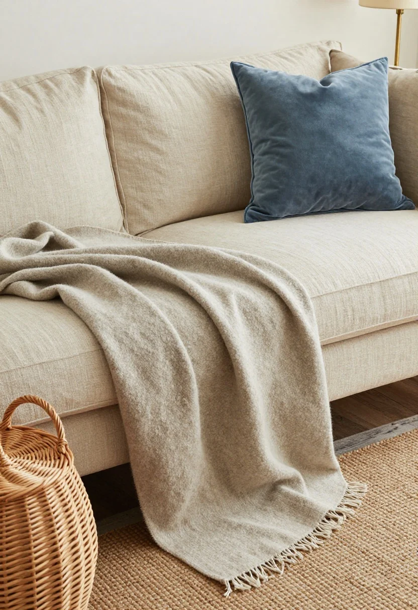 Detail closeup: A tactile composition of layered textures on a cottage sofa—rumpled natural linen slipcover, nubby wool throw in muted tones, a velvet pillow in dusty blue, edge of a jute rug layered over a faded wool runner beneath, wicker basket with rush weave nearby, and an antiqued brass lamp base catching a soft eggshell sheen, warm diffused daylight.