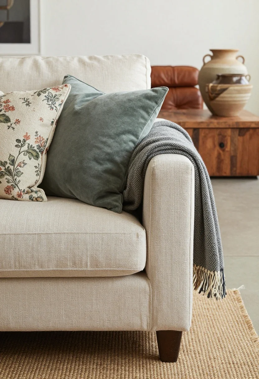 Detail closeup: A tight shot of layered cozy textures on a sofa corner—slubby linen slipcover, a velvet sage pillow, a wool herringbone throw, and a faded floral cushion; foreground shows the edge of a woven natural-fiber rug, background blur reveals a leather ottoman and a reclaimed wood coffee table with handmade pottery; soft diffuse daylight for a tactile, hug-like feel.