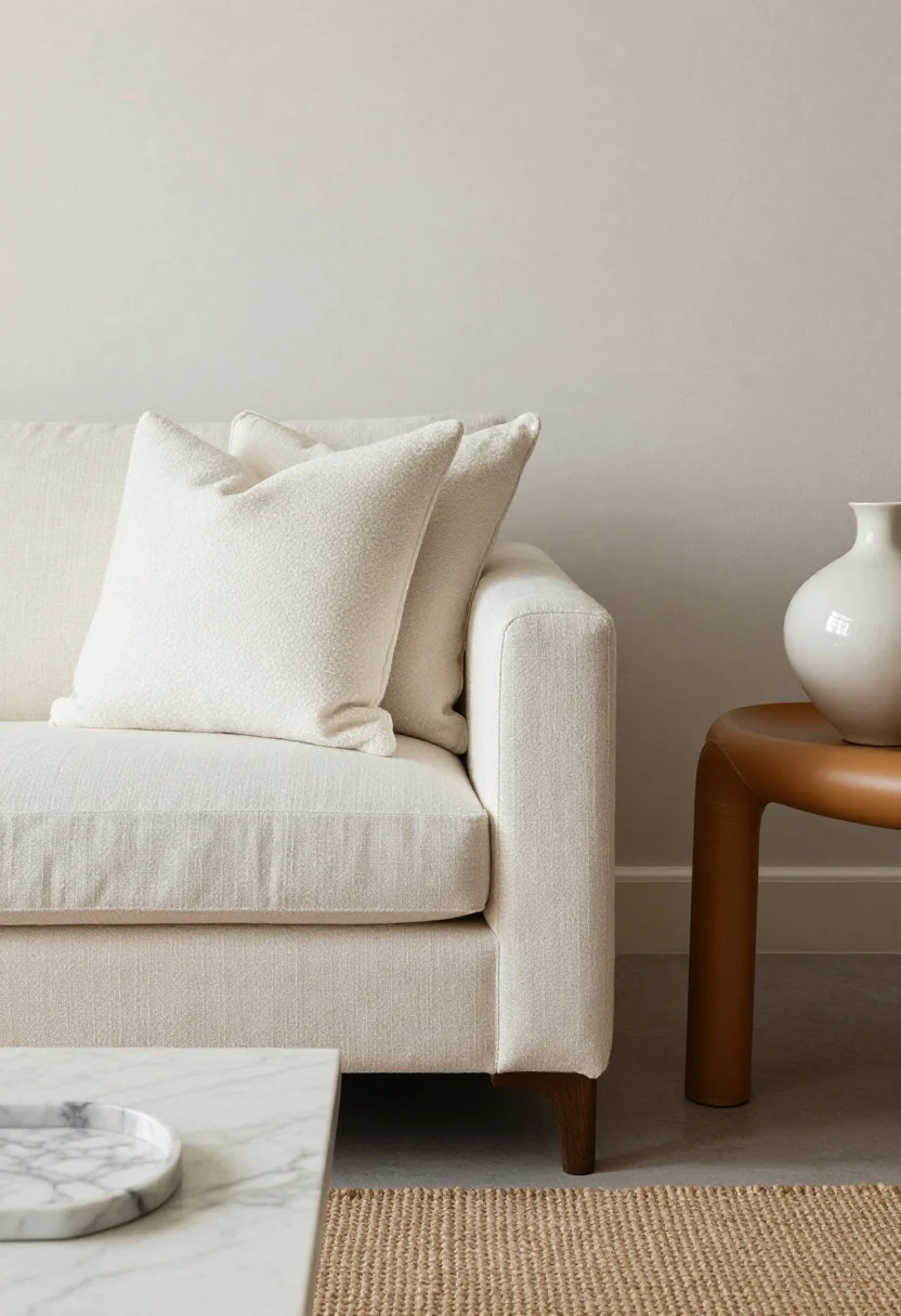 Detail closeup focusing on layered textures: on a neutral base of warm whites and mushroom tones, show bouclé pillows resting on a flax-colored linen sofa arm; edge of a nubby wool or jute rug beneath a smooth caramel leather chair leg; matte plaster wall surface behind a glossy ceramic vase; a small marble tray on the coffee table corner. Soft, diffuse daylight to emphasize texture, quiet luxury mood, photorealistic.