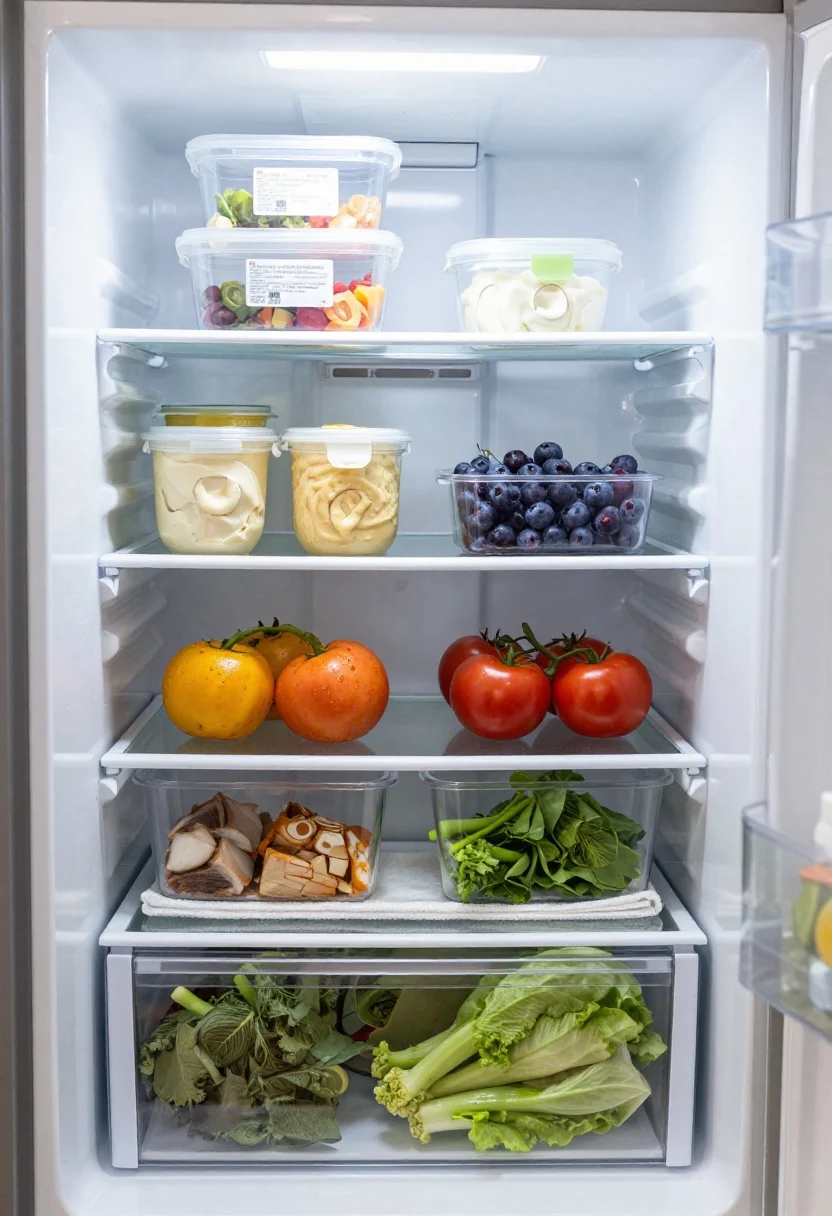 Detail closeup, fridge interior straight-on: A freshly reset refrigerator. Top shelf holds leftovers in clear containers with visible date labels. Middle shelves present ready-to-eat items—yogurt cups, hummus, washed berries in vented bins. Lower shelves show meal components—marinated proteins and chopped vegetables in clear bins. Door contains condiments only, corralled on a turntable for reachability. Crispers are divided: one with leafy greens, one with hardy veg, each lined with a towel. Cool, even fridge lighting, condensation-free clarity, photorealistic.