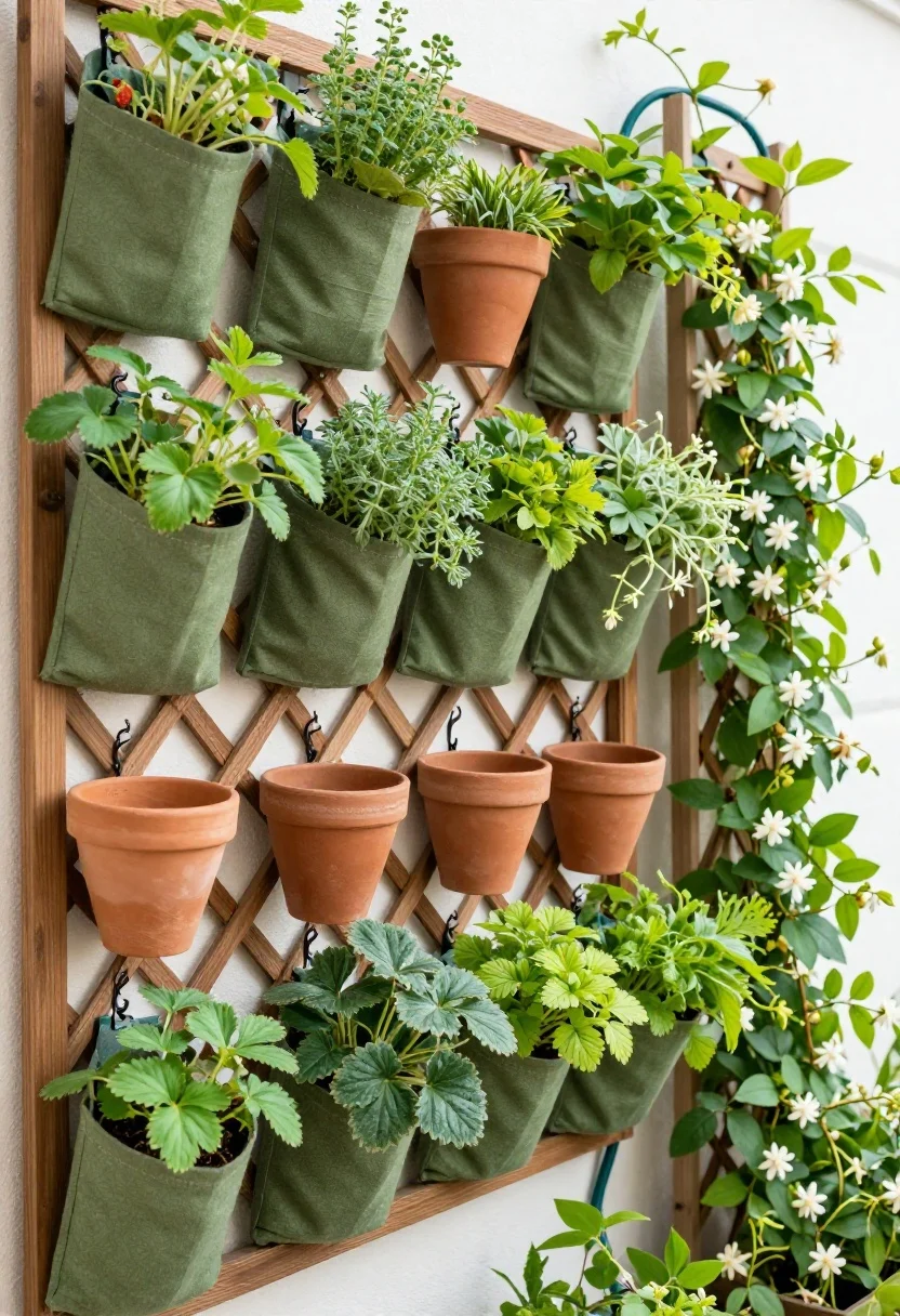 Detail closeup of a vertical garden on a fence: fabric pocket planters filled with herbs and trailing strawberry plants in a repeating green palette, adjacent lattice with S-hooks holding small terracotta pots at staggered heights, and a trellis with jasmine vines starting to climb; visible drip line/soaker hose along the wall for easy watering; textures of terracotta, wood lattice, and leafy foliage; bright but diffused daylight, no people, photorealistic, slight side angle.