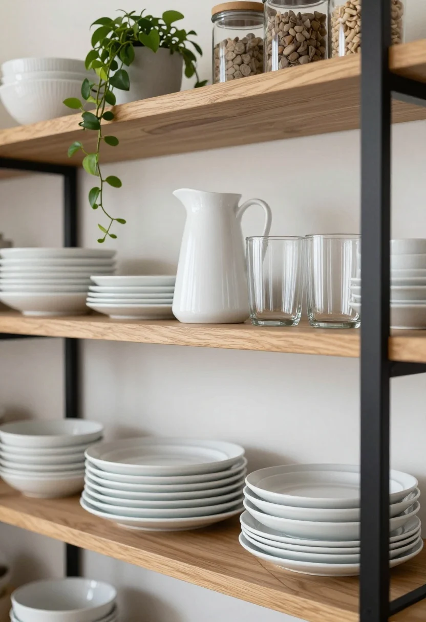 Detail closeup of open shelving styled like a curator: solid wood shelves on black iron brackets against a light wall, two neat stacks of white stoneware plates and bowls, a tall white pitcher and clear glass canisters for vertical rhythm, a trailing green plant adding a fresh pop, and a repeated trio of textures—wood, ceramic, and glass—echoing across the shelf. Soft side lighting, shallow depth of field, dust-free but lived-in feel.