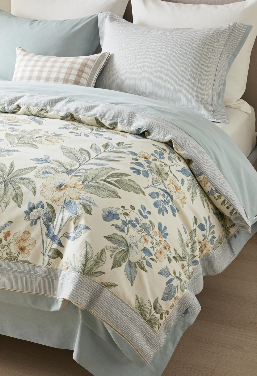 Detail closeup of pattern layering on a made bed: a larger-scale floral duvet as the bold moment, pinstripe shams in a slim stripe, and a tiny gingham throw folded at the end; colors kept within the same soft family (powder blue, mossy green, warm cream) for cohesion; a solid upholstered headboard visible to ground the mix; soft diffused daylight, photorealistic, no people