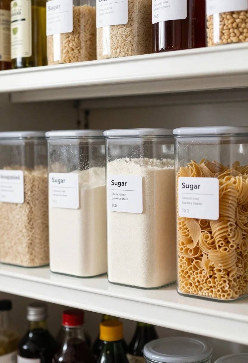 Detail closeup, straight-on pantry shelf: Clear, airtight, uniform canisters decanted with flour, sugar, rice, pasta; simple white labels with item names and cook times. A dedicated backstock shelf is visible above with unopened packages, and a turntable holds oils and sauces. Kid-height shelf shows decanted snacks in smaller containers. Neutral palette with clear plastics, matte white shelves, subtle shadows, soft morning light highlighting condensation-free clarity and crisp labels, photorealistic.