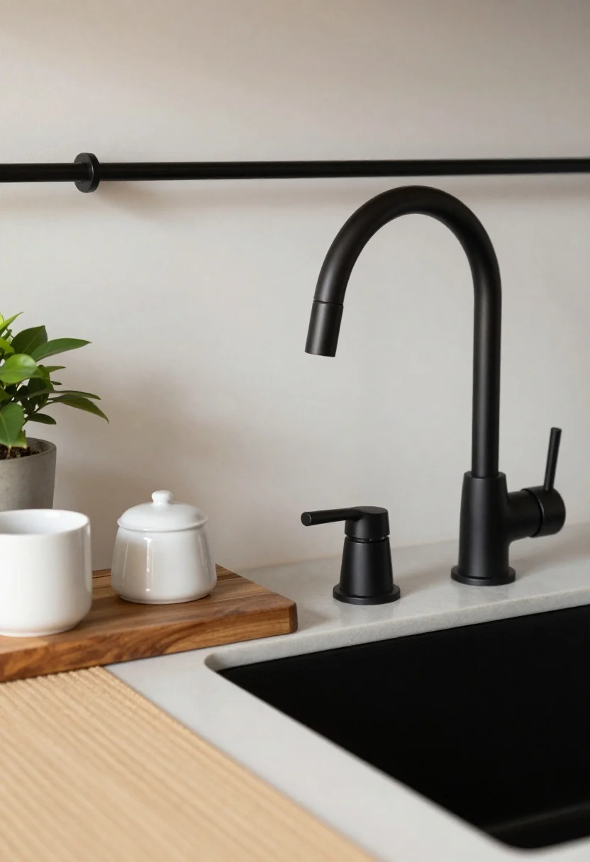 Detail closeup: Styling vignette on a small counter—cohesive metal finish repeated across a matte black faucet, cabinet hardware, and wall rail peeking in; a tightly edited countertop palette with a warm wood board, a white ceramic utensil crock, and a small potted plant; foreground showing the edge of a skinny runner in a durable flatweave pattern on the floor. Soft natural light grazing textures, shallow depth of field highlighting materials and finishes.