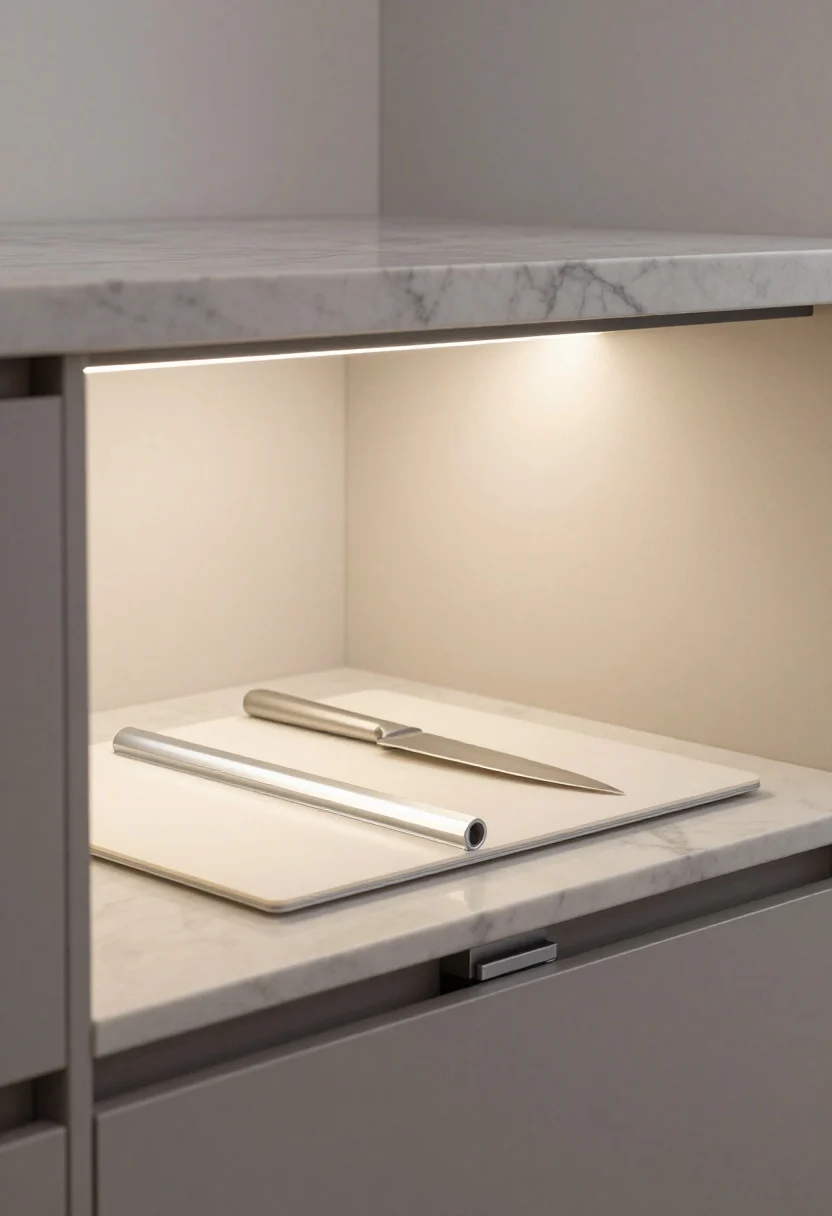 Detail closeup: Under-cabinet lighting along the front underside of cabinets, contrasting two runs—one with sleek 3000K LED bars and one with 3000K LED tape installed in aluminum channels with diffusers—casting bright, even, shadow-free illumination across a cutting board and knife on a light marble countertop. A discreet low-profile dimmer switch is visible at the cabinet edge, set to a work-bright level. The backsplash falls into gentle light while the counter gleams with crisp task brightness.