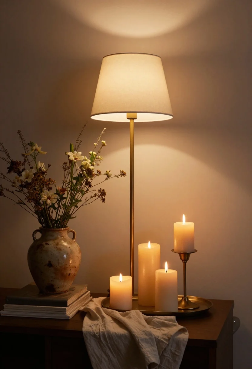 Detail shot of atmosphere: a dimmable ceiling fixture softly glowing overhead (out of frame glow), a warm-brass table lamp casting a 2700K pool of light, and a directional reading sconce contributing the third light layer; cluster of tapered candles at varied heights on a tray creating salon flicker; a vintage ceramic vase with fresh stems beside a small stack of art books; visible patina—subtly spotted brass and gently wrinkled linen throw. Low, cozy evening lighting, candlelit warmth, photorealistic.