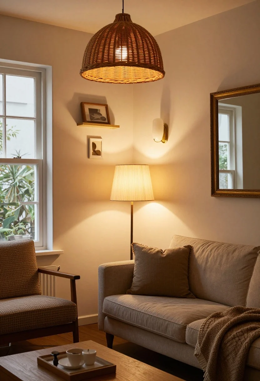 Evening ambiance wide shot: Layered cottage lighting—shaded floor lamp by an armchair, a table lamp near the sofa, and a warm glow from a sconce highlighting shelves and art; materials include a wicker pendant overhead, pleated fabric shades, milk-glass wall sconces, and antiqued brass finishes; 2700K–3000K warm bulbs create a golden-hour feel; a vintage mirror hung opposite a window to bounce residual light; no overhead glare, cozy and inviting.