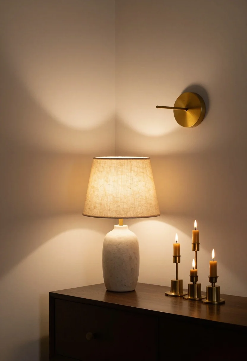 Evening interior, moody medium shot: Layered cottage lighting with three sources—ambient glow from a pleated fabric-shaded table lamp, a brass swing-arm wall sconce casting a warm pool of light, and a cluster of brass candlesticks flickering on a sideboard; bulbs at 2700K warm LED with high CRI, parchment shades softening the glow, no harsh overheads, gentle shadows across a cream wall.