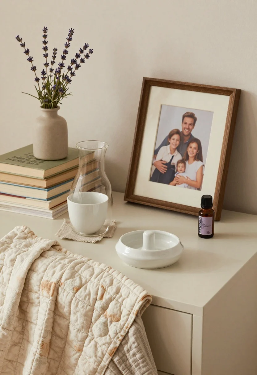 Intimate bedside detail shot: a small ceramic catchall dish, a linen coaster beneath a simple glass carafe and cup, a curated stack of books with spines in complementary muted tones, a framed family photo in a mismatched vintage frame, a petite potted lavender on the sill; a hand-me-down quilt with subtle wear draped over a nearby chair; a single essential oil diffuser bottle labeled lavender or cedar on the nightstand; warm, cozy evening light, photorealistic, no people