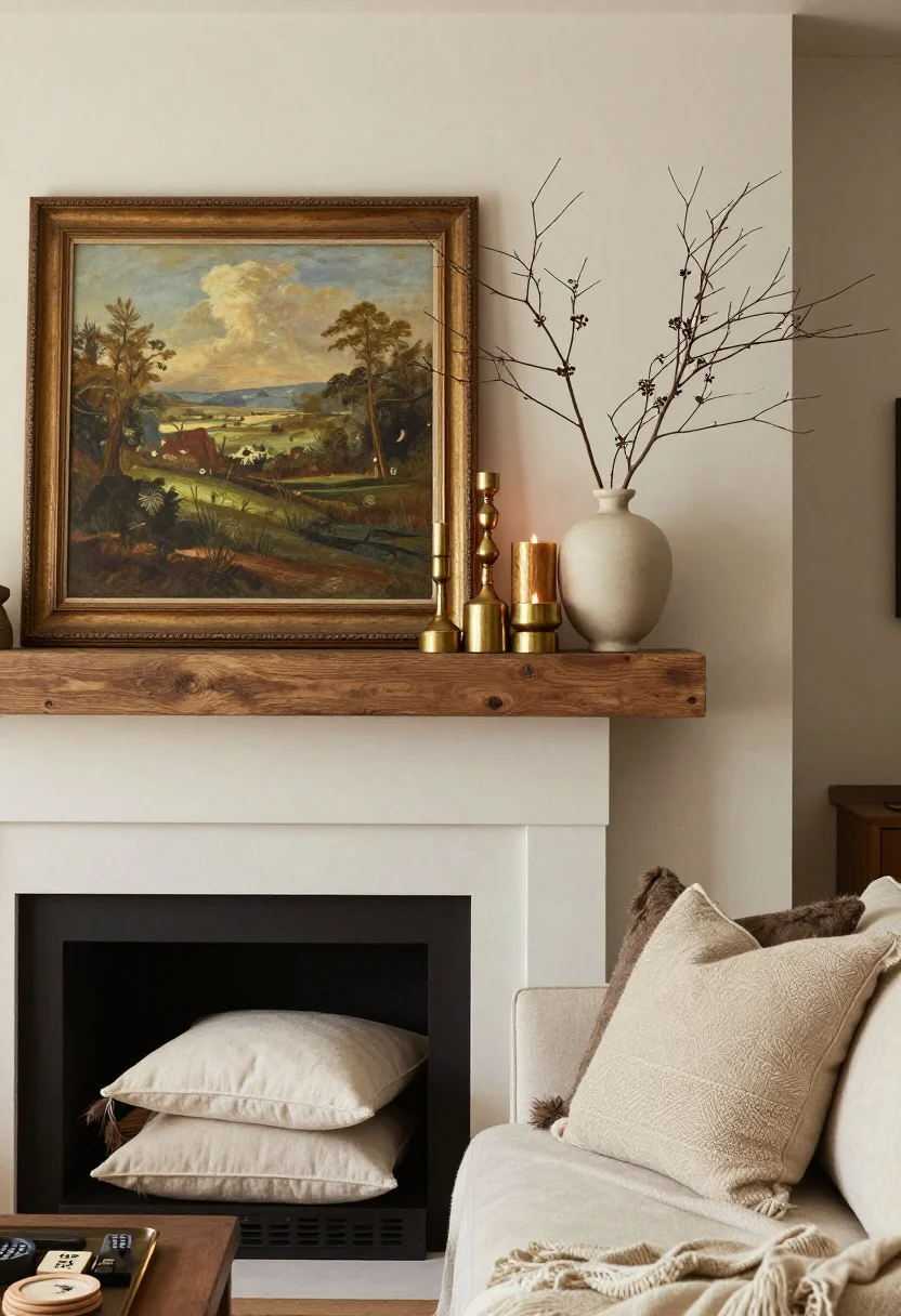 Mantel and coffee table closeup: A cottage hearth vignette with a rustic mantel styled as a rotating gallery—leaned landscape painting in a vintage frame, clustered brass and ceramic candlesticks, and a seasonal branch in a simple vase; nearby, a tray corrals coasters, a match striker, and a remote; plush throw pillows with feather inserts and a layered wool blanket draped at a sofa corner; subtle cedar-fig candle glowing; warm ambient lighting, photorealistic.