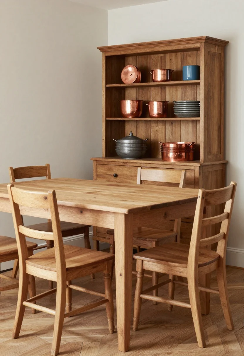 Medium corner angle: A cottage dining area with a simple pine farmhouse table, mismatched dining chairs including a Queen Anne side chair and a ladder-back chair, an oak Welsh dresser in the background with open shelves, lightly sanded and waxed wood showing knots and dings, stacked ironstone and a few copper pans styled with repeated shapes and colors, modest silhouettes, warm ambient daylight.