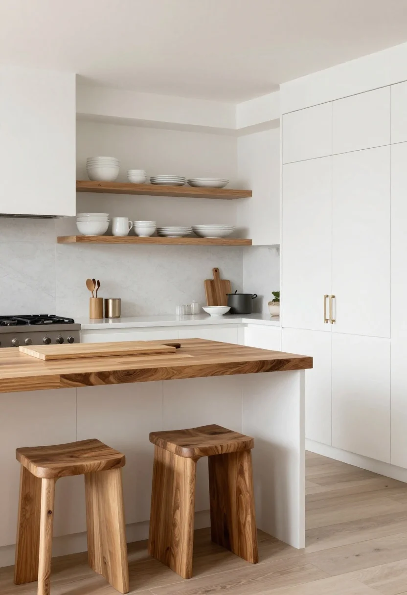 Medium corner-angle shot highlighting warmth-adding wood elements in a clean white kitchen: two floating oak shelves styled lightly with white dishes, a butcher-block inset on the island top as a designated chopping zone next to the stove, and a pair of sculptural walnut stools at the island. Keep wood tones cohesive and lightly stained; matte white cabinets and quartz perimeter counters maintain an airy feel. Soft daylight, minimal shadows, no people.