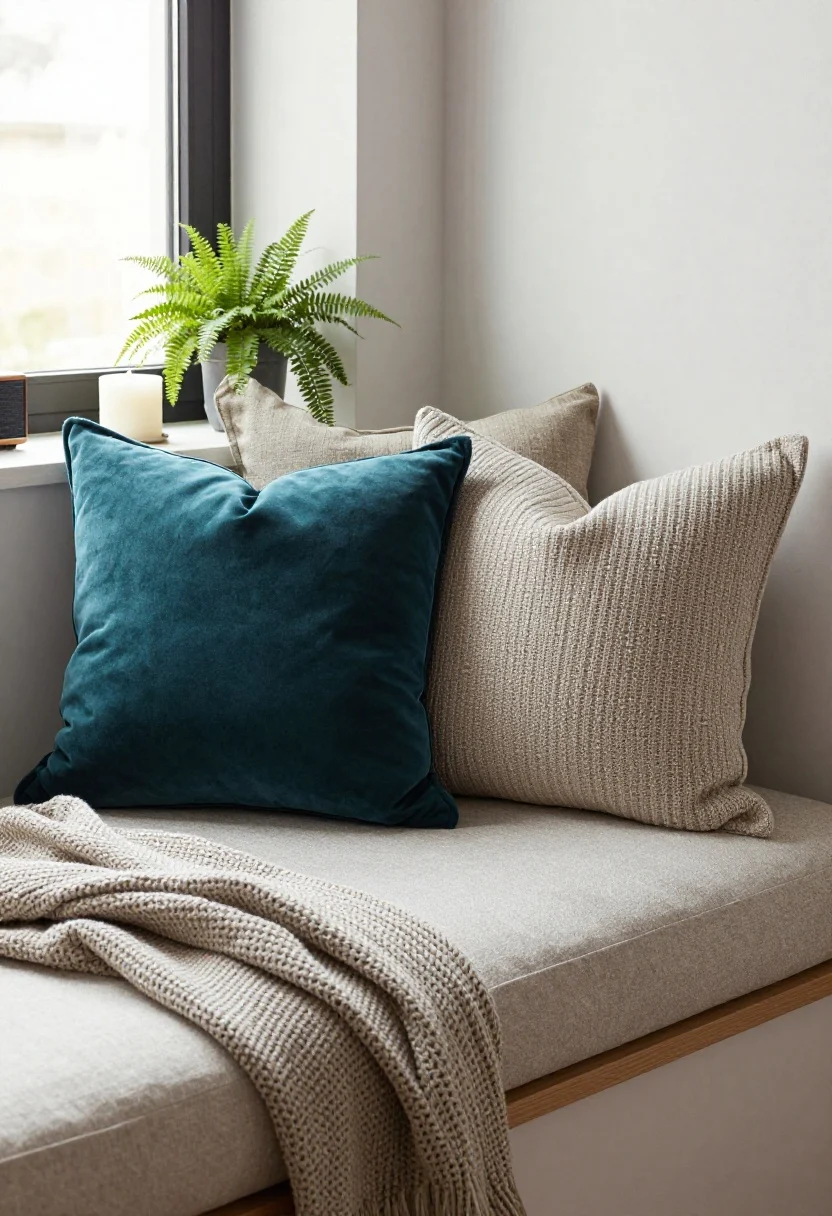 Medium detail shot from a corner angle: A styled window seat layered with tactile drama—linen seat cushion, two large velvet pillows (22–24 inch) in deep teal, one or two medium knit pillows (18–20 inch) in oatmeal, and a slim lumbar in textured bouclé. A casually draped knitted throw (not messy) sits at one end; a second throw is folded neatly under the seat edge, slightly visible. Behind the seat, a narrow ledge hosts a small fern, a candle, and a petite speaker. If cushion is smooth, pillows are nubby to show contrast. Soft afternoon natural light, photorealistic.