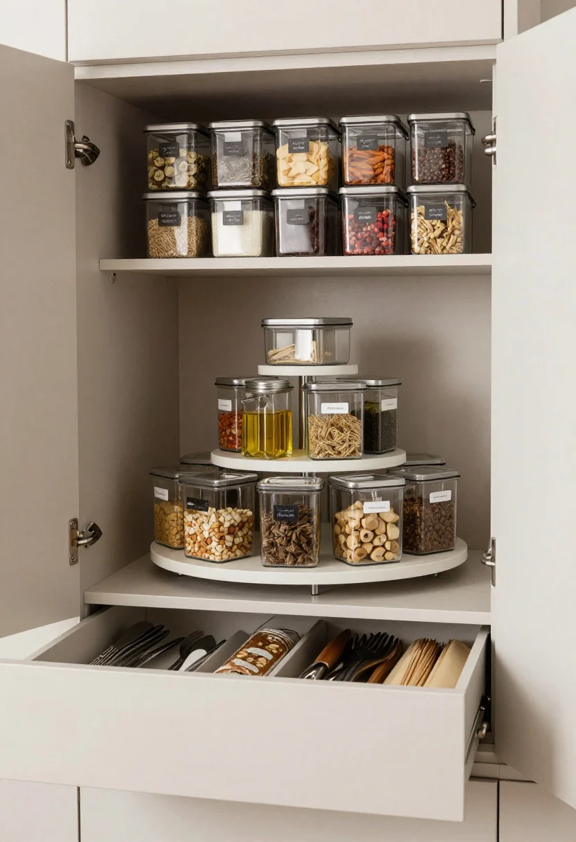 Medium/detail shot: Open cabinet and drawer vignette showing ruthless organization—stackable, square clear canisters decanting dry goods, tiered shelf risers elevating canned items, a lazy Susan turntable neatly displaying oils and spices, and a drawer below with dividers separating utensils and wraps. Minimal removable labels or chalk pen markings, clutter-free, neutral cabinetry, even under-cabinet task lighting emphasizing order, close corner angle.