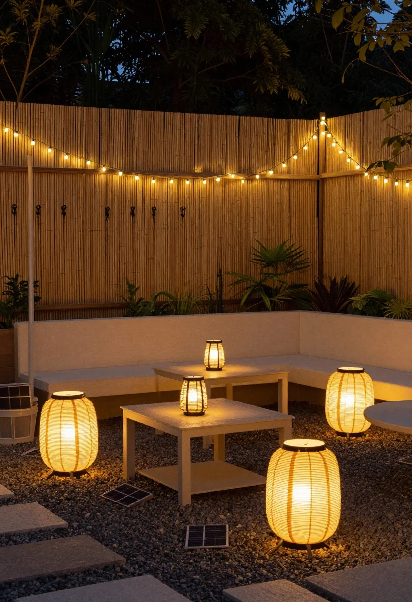 Medium evening shot of a seating area transformed by layered lighting: warm white string lights zigzag overhead like a bistro, three clustered solar lanterns on the table for a soft table glow, and solar path lights staking the planting beds for ground drama; color temperature clearly warm (2700K–3000K), removable hooks on a fence and a simple pole-in-bucket with gravel visible; cozy golden-hour mood, no people, photorealistic, straight-on perspective.