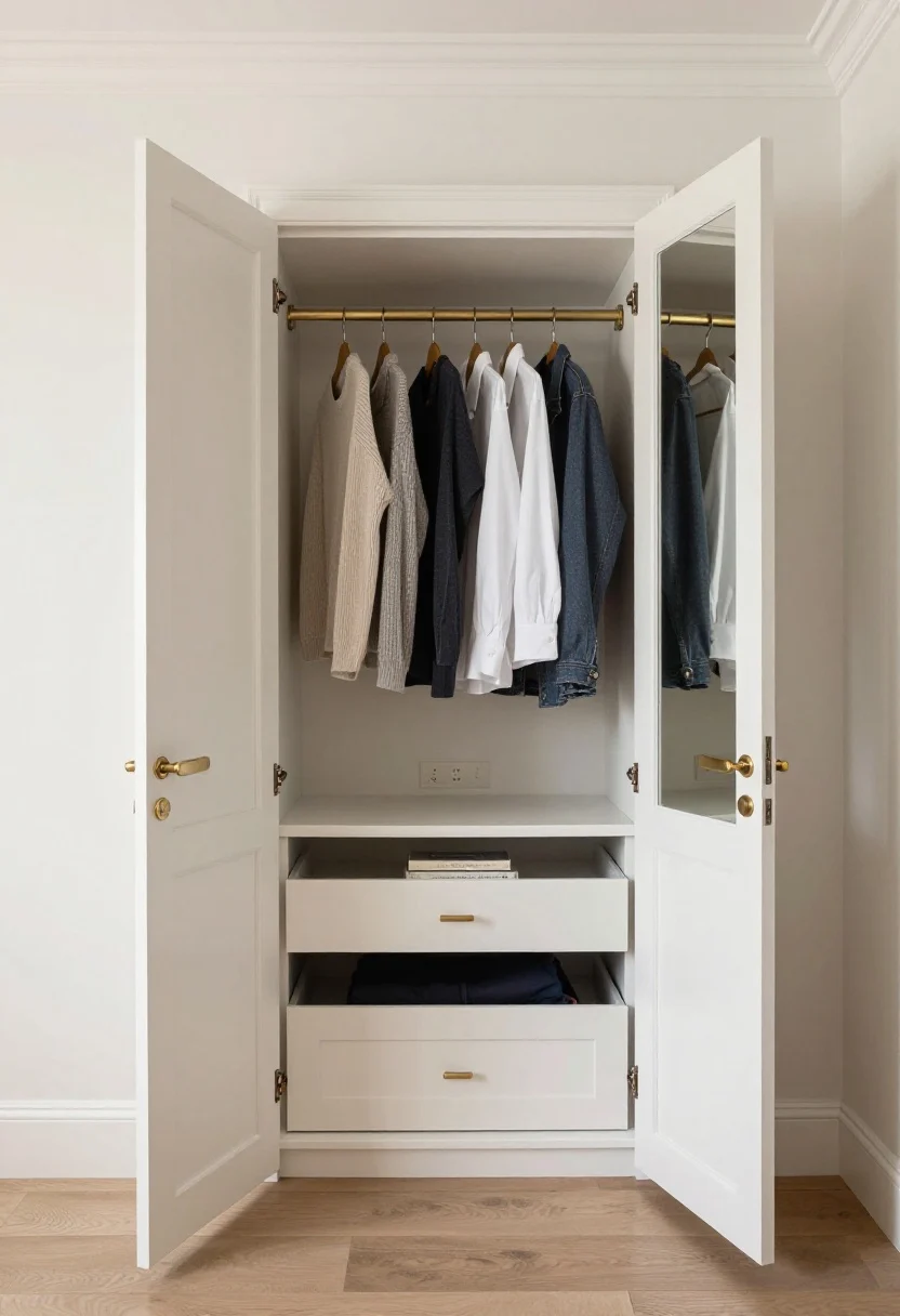 Medium shot: A bedroom “boutique closet” built-in spanning one wall, finished to match room trim and crown so it reads architectural; doors open to reveal double-hang zones (shirts above, pants below), shallow drawers for tees and intimates, deeper drawers for sweaters and bedding; integrated nightstand niches with small outlets and a book tucked inside; mirrored doors on adjacent sections bounce light and visually expand the space; soft-close details implied; neutral palette with brushed brass pulls; straight-on, serene, photorealistic.