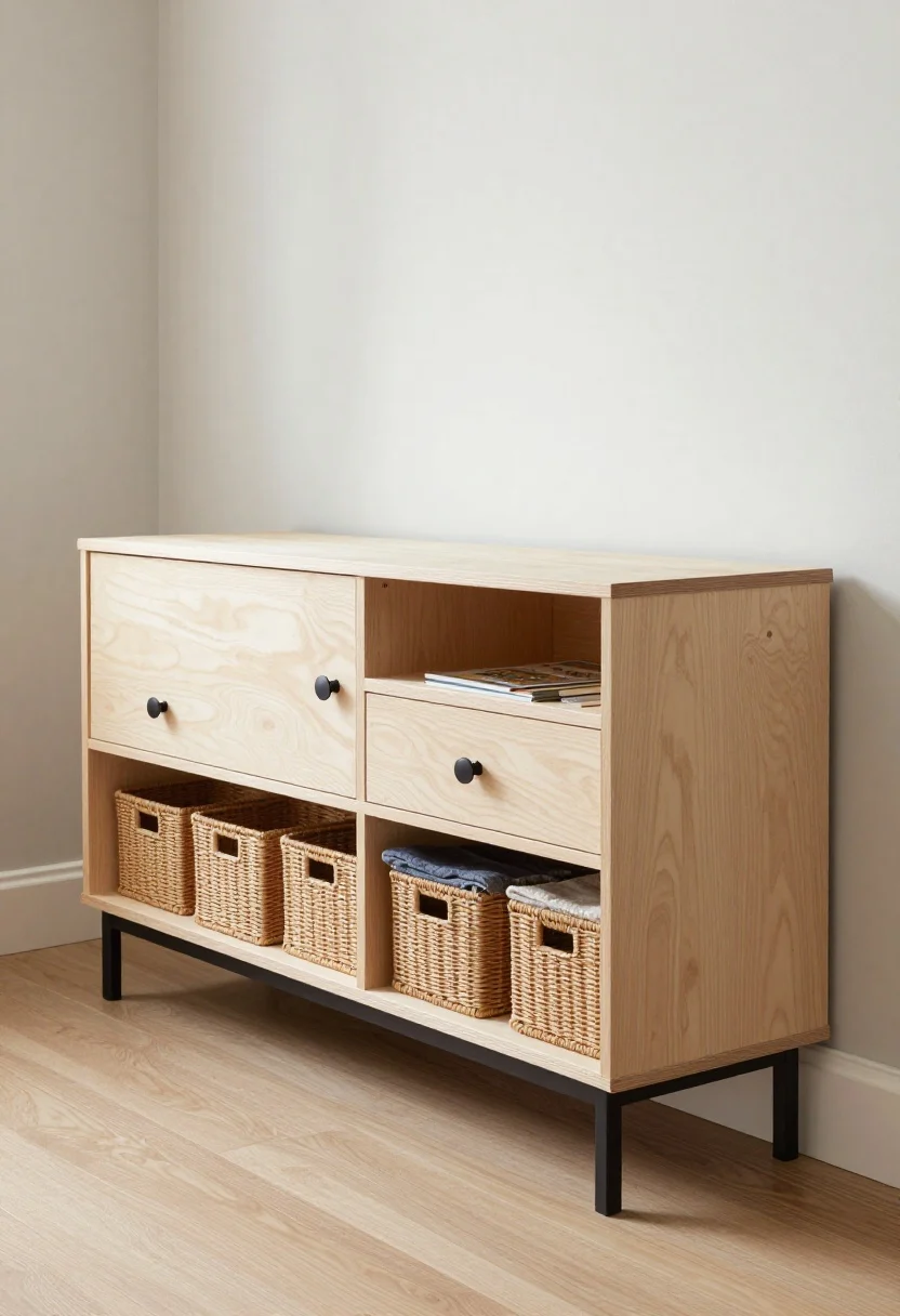 Medium shot: A custom-looking built-in window seat base with designer choices on display—paint-grade plywood cabinetry with trim, 3–4 inch recessed toe-kick, two deep drawers on one side (kids’ room vibe), one lift-top compartment open to show throws and board games, and open cubbies with woven baskets by an entry-facing side. Add a vented front panel section aligned with a radiator below the window. Style is modern loft-leaning with a wood + black metal leg detail on one freestanding bench adjacent for contrast (renter-friendly). Neutral paint with subtle grain, matte black hardware. Afternoon natural light, straight-on perspective. Photorealistic.