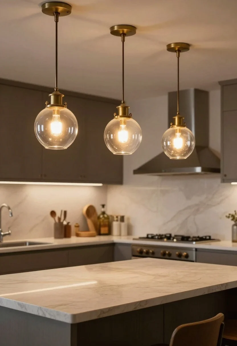 Medium shot: A kitchen island with a trio of pendants spaced evenly, each 14–16 inches in diameter, hanging 30–34 inches above a stone countertop. The pendants feature smoked glass shades with aged brass hardware, aligned with roughly 24–30 inches between edges for visual breathing room. Sightlines remain clear to a range hood beyond. The scene shows a warm evening glow on the island surface, emphasizing correct scale, height, and spacing in a refined, designer look.