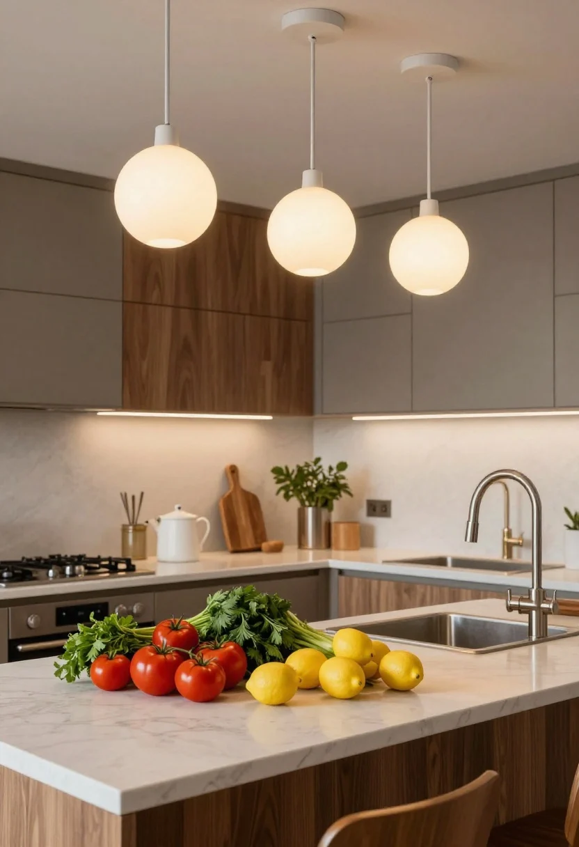 Medium shot: A kitchen vignette illustrating color temperature and CRI—pendants and ceiling ambient lights at a warm-white 2700K–3000K, while task lights over the island and sink glow slightly cooler at 3000K–3500K. Fresh produce on the counter (red tomatoes, green herbs, yellow lemons) appears vivid under 90+ CRI lighting; walnut cabinet fronts look rich and true. The scene feels cohesive with matched temperatures across fixtures and targeted brightness around work zones.