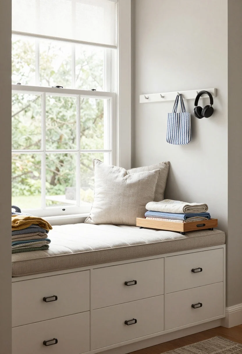 Medium shot: A sunny window seat nook with a thick, tightly tailored channel-stitched cushion in a neutral fabric, flanked by deep drawers on full-extension glides slightly pulled out to reveal neatly folded blankets and toys; nearby a slim rail with tasteful decorative hooks holding tote bags and headphones; soft natural daylight through the window, crisp white trim, labeled peel-and-stick icons on drawer fronts for a family-friendly vibe; corner angle, cozy and calm, photorealistic.