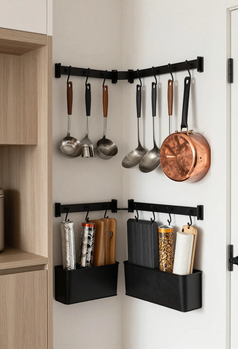 Medium shot, angled corner view: Vertical storage solutions on a white wall and cabinet sides. A sleek black wall rail with hooks displays ladles, measuring cups, and a small copper pot like curated “kitchen jewelry.” A magnetic strip holds a minimal knife set and a few metal spice tins in a tidy row. Inside a nearby cabinet door, a rack corrals cutting boards, foil, and wraps; under-shelf baskets double a short cabinet’s capacity. Curated display with prettier pieces out and utilitarian items hidden. Neutral palette, subtle grain on light cabinets, soft indirect daylight, photorealistic.