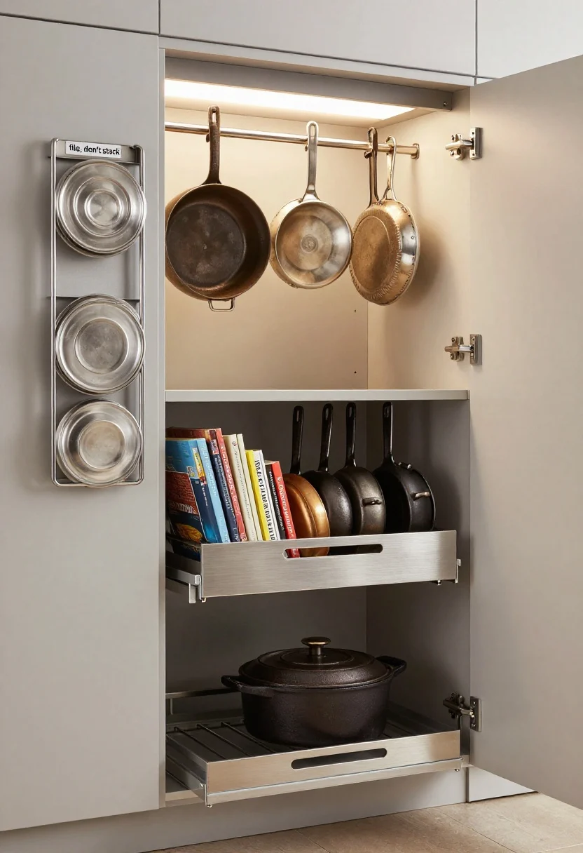 Medium shot, base cabinet pulled out: Cookware stored with a “file, don’t stack” approach. Vertical pan rack slots skillets and sauté pans like books for easy sliding. A door-mounted lid organizer displays lids by size; a pull-out shelf below cradles a Dutch oven and cast iron at the lowest level. Above the range, a short pot rail hangs a couple of attractive small pans. Minimal clutter, brushed steel and seasoned cast iron textures, soft task lighting from under-cabinet LEDs, photorealistic.