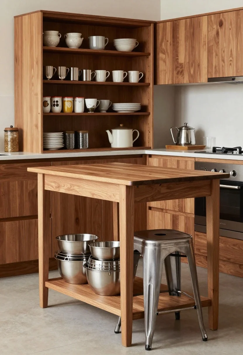 Medium shot: Compact kitchen nook showcasing double-duty furniture—a warm wood drop-leaf gateleg table unfolded as a prep surface with matching finishes to cabinet hardware, a slim rolling cart parked beside the fridge styled as a portable coffee bar with shelves of mugs and canisters, stackable metal stools tucked under the counter, and a nested set of stainless bowls and colanders visible on the cart’s lower shelf. Consistent metals, echoed wood tone, soft ambient light, three-quarter corner angle for depth.