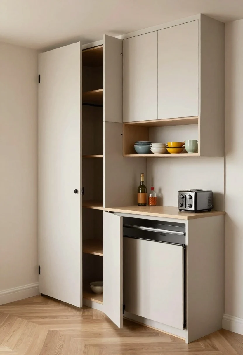 Medium shot: Compact kitchen wall featuring rethought doors—a slim pantry with bifold or pocket door left partially open to show clear aisle space, upper cabinets with lift-up vertical-swing doors above eye level, a section of open shelves styled with color-coordinated everyday dishes, and an appliance garage with a roll-top front slightly raised to reveal a toaster. Balanced mix of closed and open storage, clean lines, soft daylight, slight corner perspective.