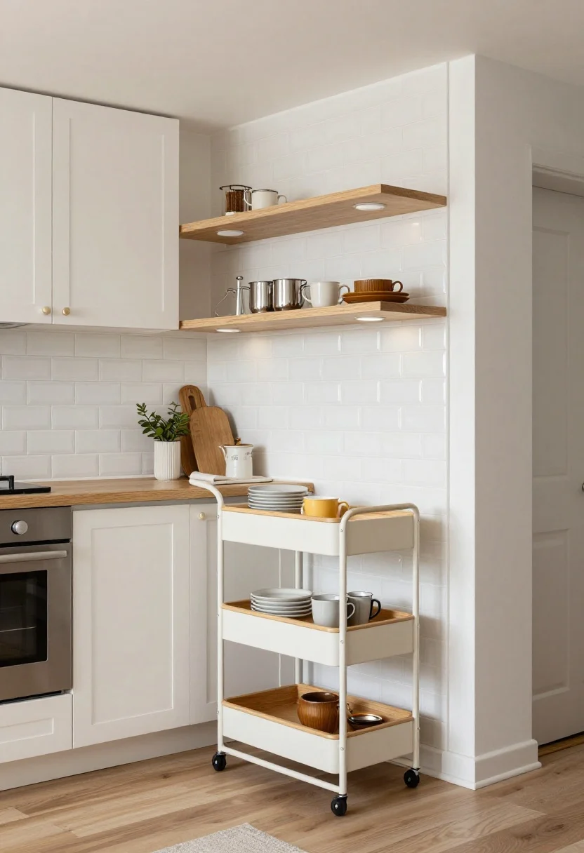 Medium shot (FAQ-inspired rental-friendly upgrades): A rental kitchen corner with peel-and-stick light subway tile backsplash, plug-in LED under-cabinet lights casting an even glow, a compact rolling cart added as extra storage, and open trays creating clear zones for coffee and prep. Light, cohesive colors and minimal visual clutter; straight-on angle emphasizing simple, reversible changes, bright and inviting mood.